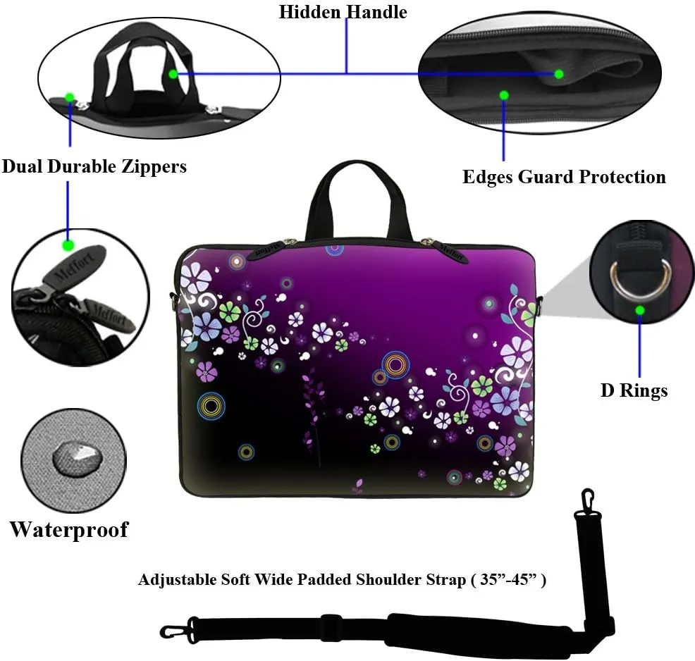 Meffort Inc 17 17.3 inch Neoprene Laptop Sleeve Bag Carrying Case with Hidden Handle and Adjustable Shoulder Strap - Purple Mini Flower