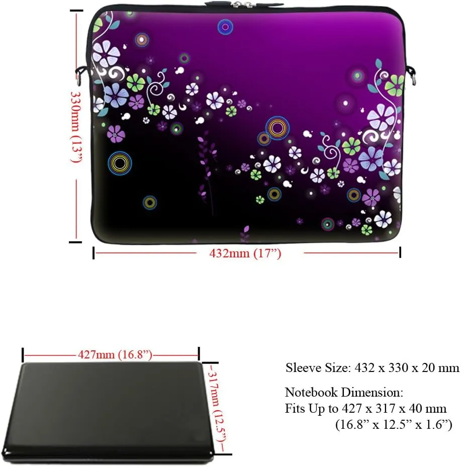 Meffort Inc 17 17.3 inch Neoprene Laptop Sleeve Bag Carrying Case with Hidden Handle and Adjustable Shoulder Strap - Purple Mini Flower
