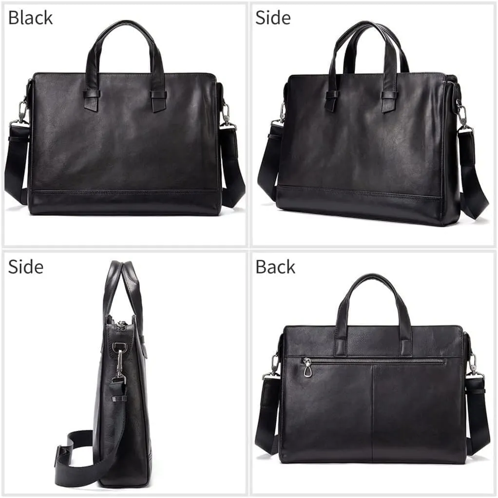 Men Genuine Leather Briefcase, Convertible 14 Inch Laptop Messenger Bag, Multifunctional Work Shoulder Bag (Black)