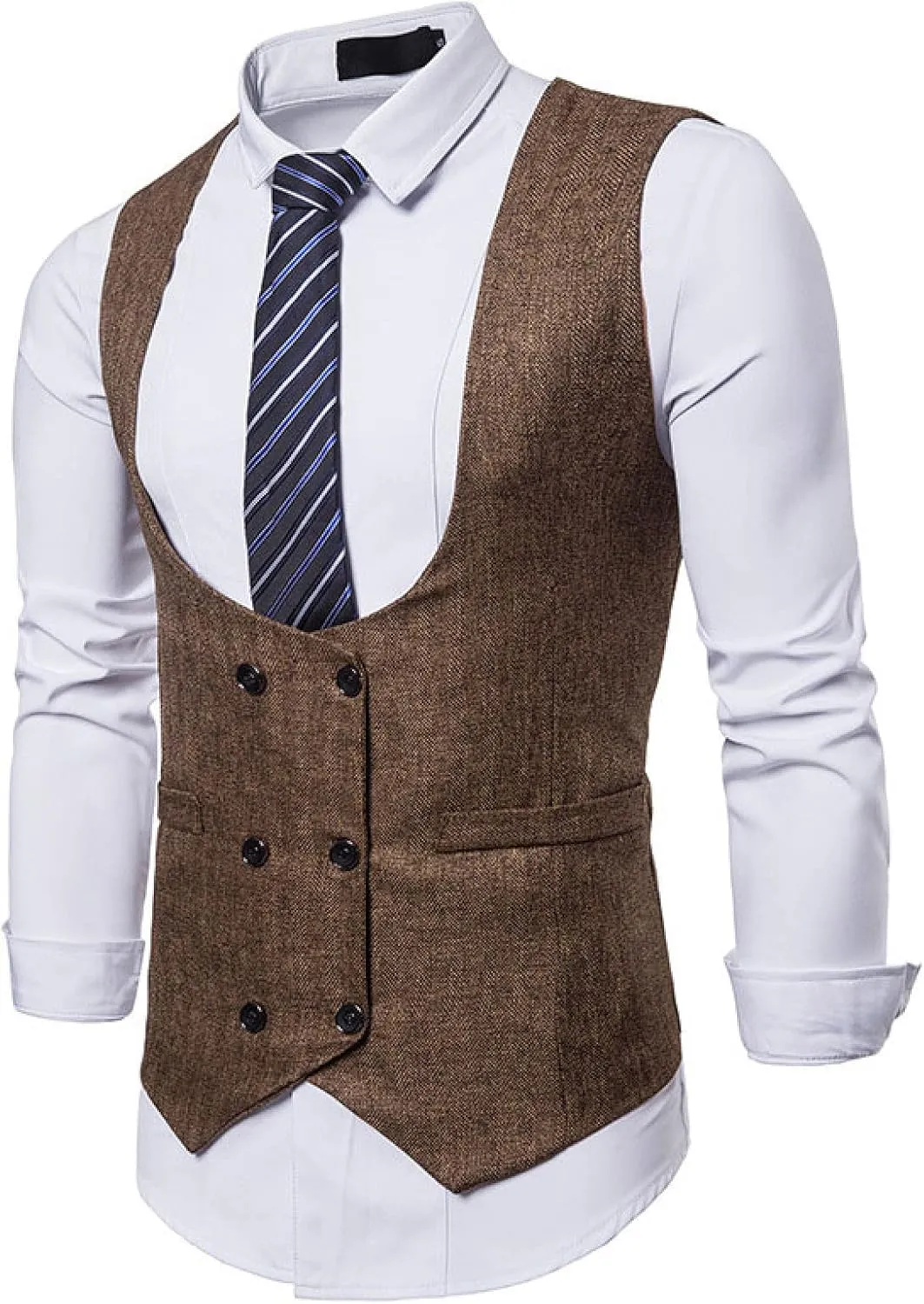 Men's Business Suit Vest - Double Breasted U-Neck Men's Slim Vest Suit Sleeveless Casual Waistcoat Clothing for Tux