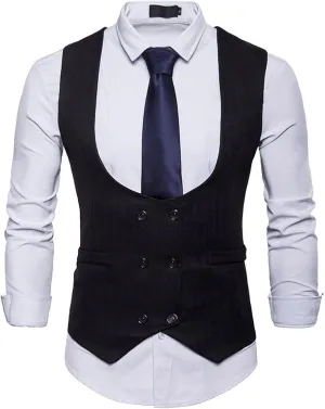 Men's Business Suit Vest - Double Breasted U-Neck Men's Slim Vest Suit Sleeveless Casual Waistcoat Clothing for Tux