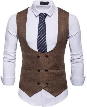Men's Business Suit Vest - Double Breasted U-Neck Men's Slim Vest Suit Sleeveless Casual Waistcoat Clothing for Tux