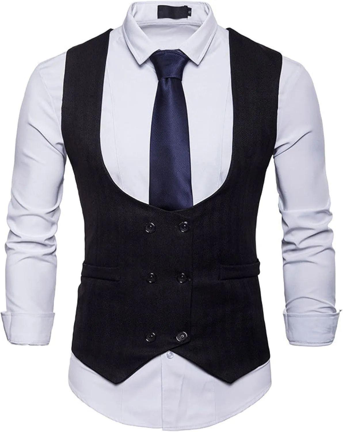 Men's Business Suit Vest - Double Breasted U-Neck Men's Slim Vest Suit Sleeveless Casual Waistcoat Clothing for Tux