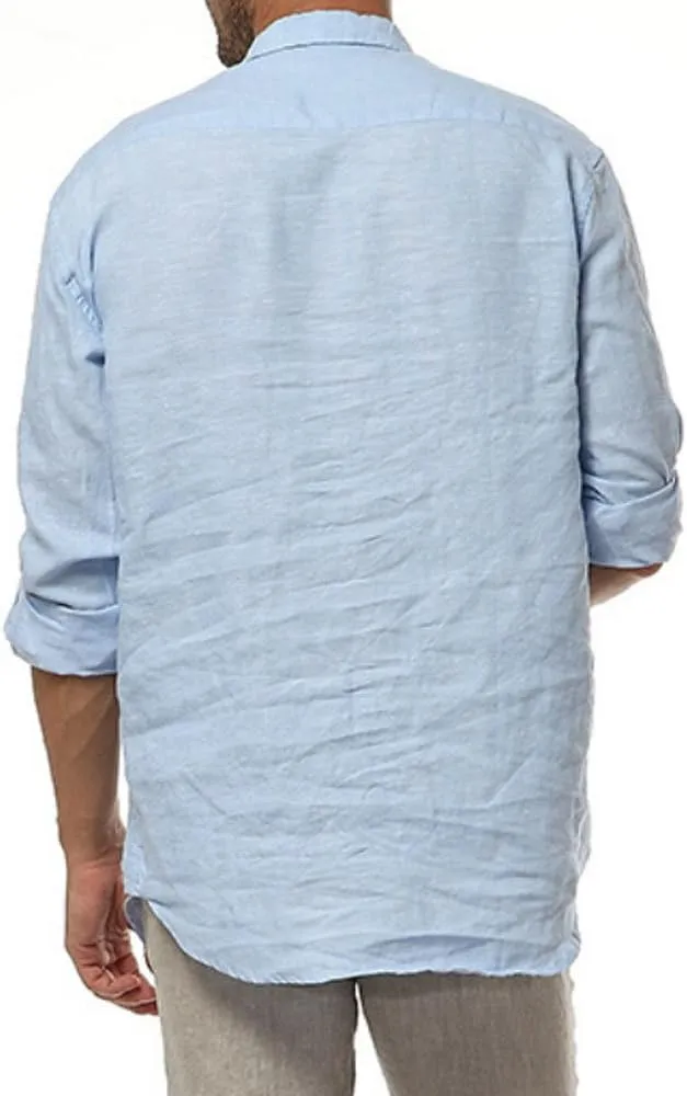 Mens Casual 100% Linen Rolled up Long Sleeve Buttons Shirts