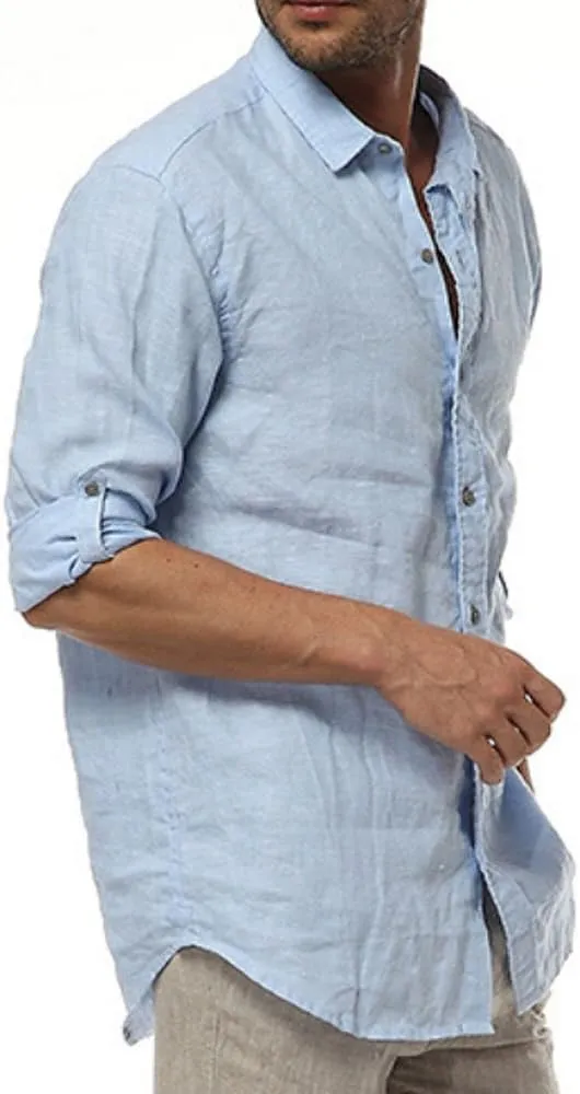 Mens Casual 100% Linen Rolled up Long Sleeve Buttons Shirts