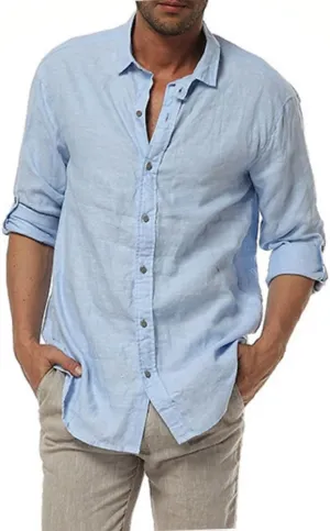 Mens Casual 100% Linen Rolled up Long Sleeve Buttons Shirts