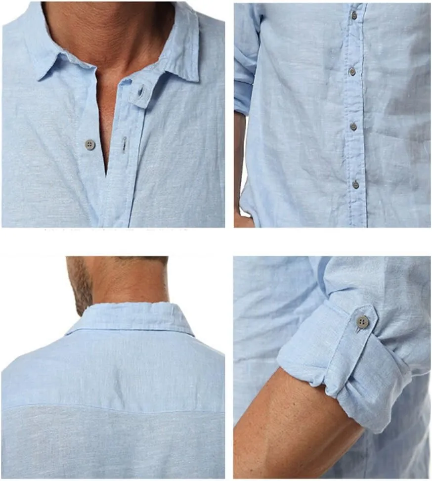 Mens Casual 100% Linen Rolled up Long Sleeve Buttons Shirts