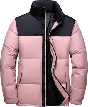 Mens Color Block Puffy Jacket Winter Zip Up Warm Male Down Coat Stand Collar Windproof Puffer Jackets