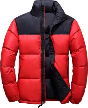 Mens Color Block Puffy Jacket Winter Zip Up Warm Male Down Coat Stand Collar Windproof Puffer Jackets