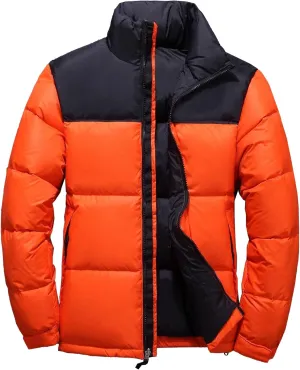 Mens Color Block Puffy Jacket Winter Zip Up Warm Male Down Coat Stand Collar Windproof Puffer Jackets