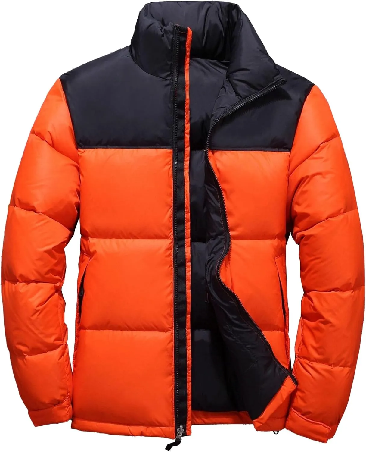Mens Color Block Puffy Jacket Winter Zip Up Warm Male Down Coat Stand Collar Windproof Puffer Jackets