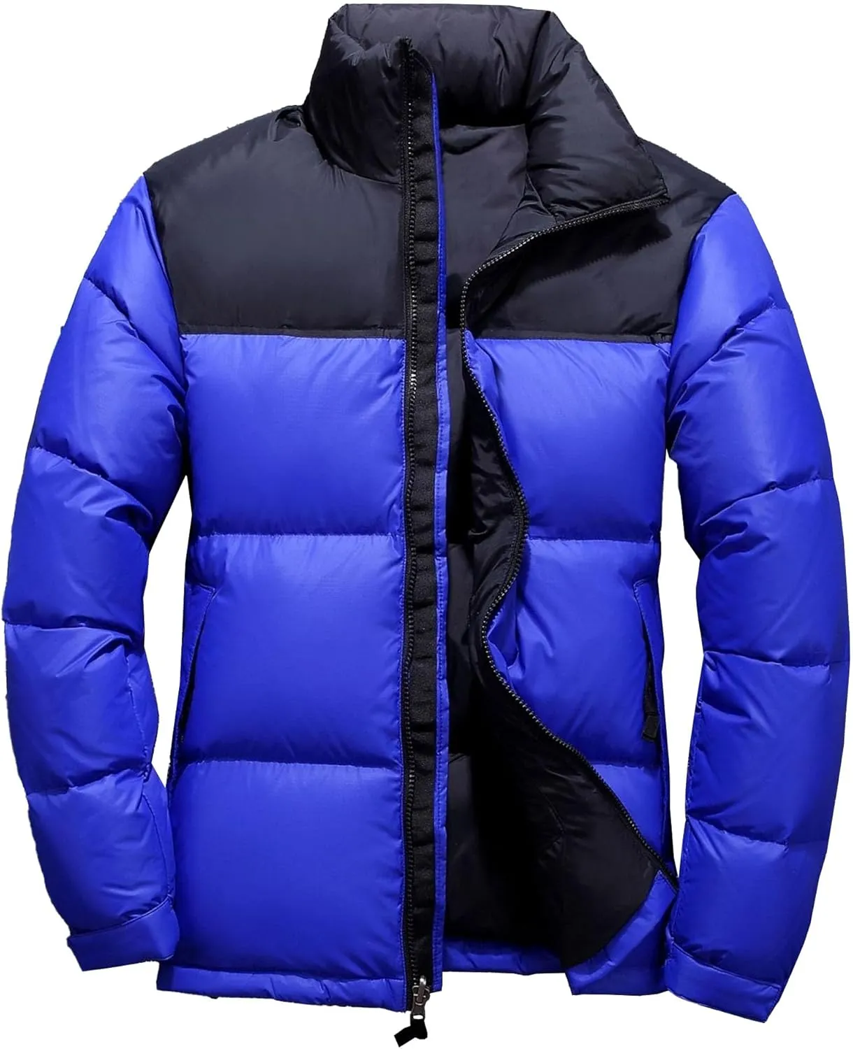 Mens Color Block Puffy Jacket Winter Zip Up Warm Male Down Coat Stand Collar Windproof Puffer Jackets