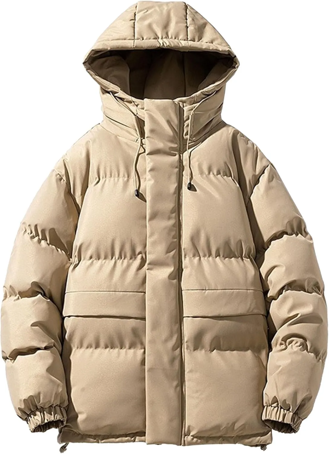 Mens Cotton Padded Down Jacket Autumn Winter Fashion Casual Puffer Coat Solid Color Thickened Quilted Hood Coats