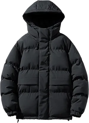 Mens Cotton Padded Down Jacket Autumn Winter Fashion Casual Puffer Coat Solid Color Thickened Quilted Hood Coats