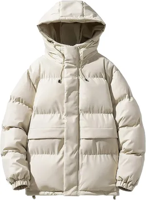 Mens Cotton Padded Down Jacket Autumn Winter Fashion Casual Puffer Coat Solid Color Thickened Quilted Hood Coats