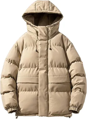 Mens Cotton Padded Down Jacket Autumn Winter Fashion Casual Puffer Coat Solid Color Thickened Quilted Hood Coats