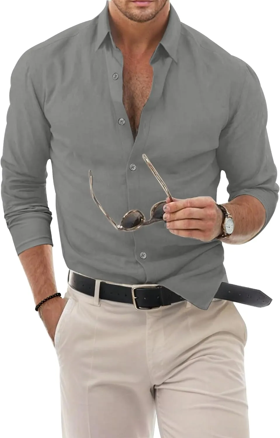 Men's Dress Shirt Slim Fit Button Down Shirt Long Sleeve No Cuff-Links Four Way Stretch Muscle Shirts for Men