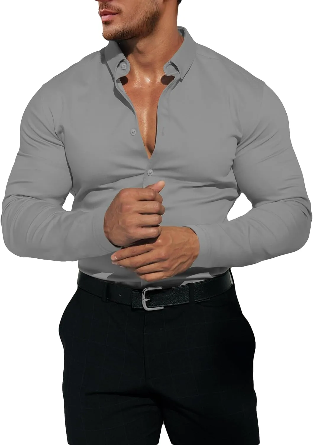 Men's Dress Shirt Slim Fit Button Down Shirt Long Sleeve No Cuff-Links Four Way Stretch Muscle Shirts for Men