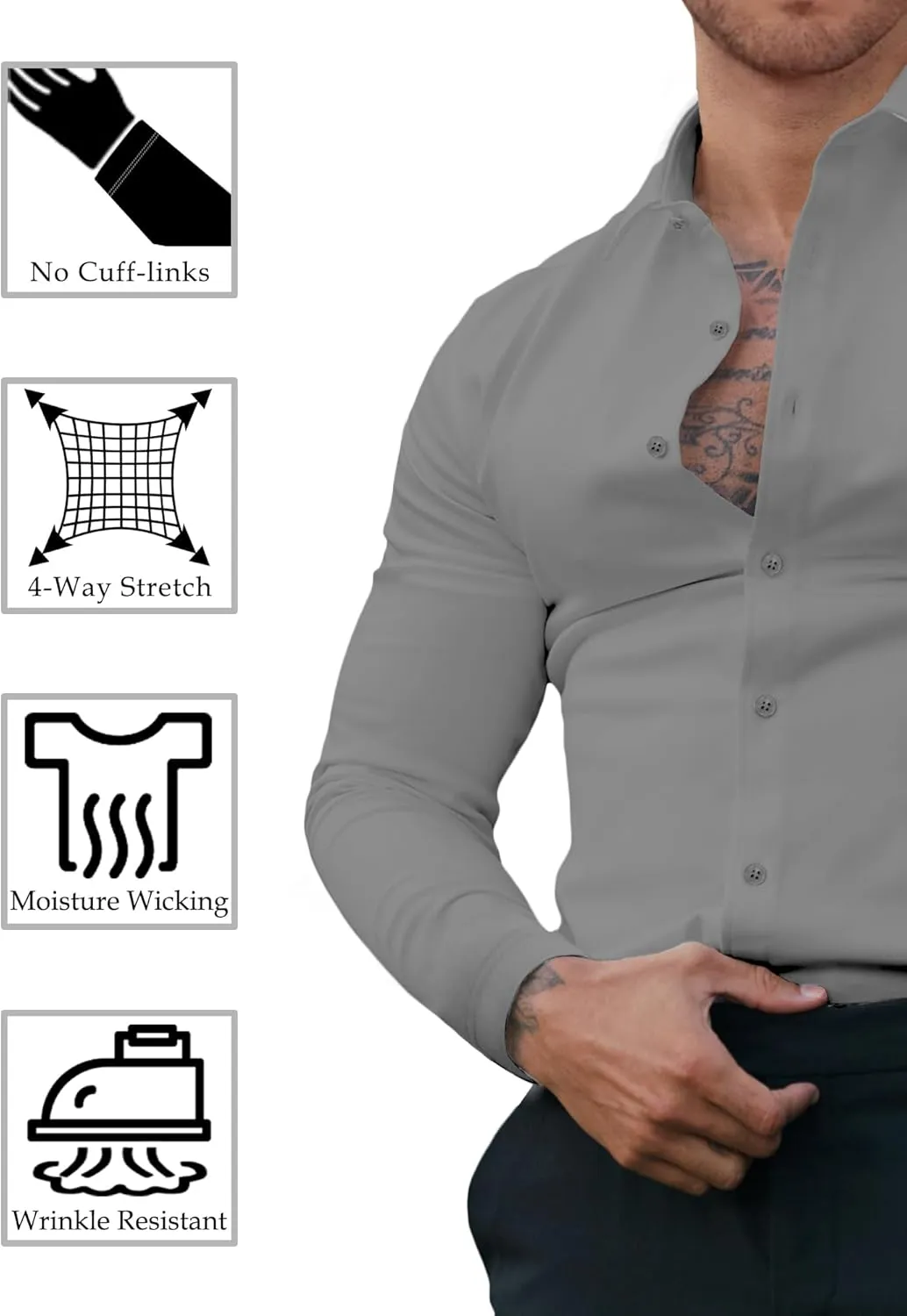 Men's Dress Shirt Slim Fit Button Down Shirt Long Sleeve No Cuff-Links Four Way Stretch Muscle Shirts for Men