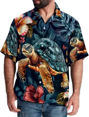 Men's Hawaiian Shirt Short Sleeve Button Down Quick Dry Holiday Beach Shirts Tortoise and Flowers,M