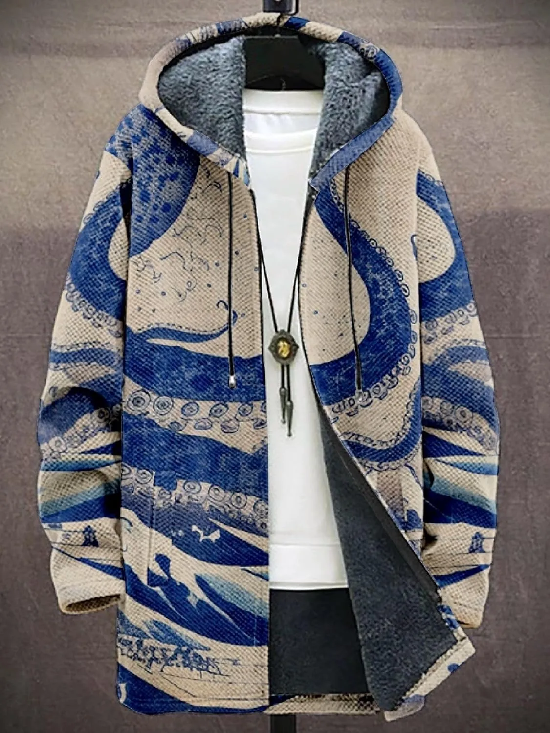 Mens Long Cardigan Hoodies Flece Jackets Full Zip Vintage Lined Sweaters Knitted Men Hooded Coat with Pocket