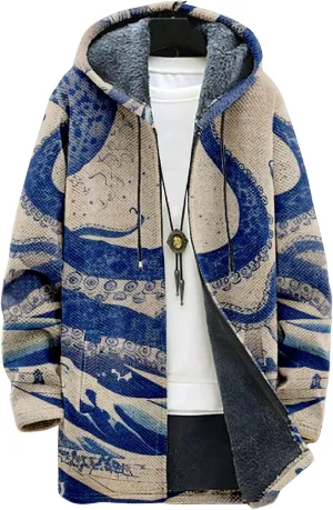 Mens Long Cardigan Hoodies Flece Jackets Full Zip Vintage Lined Sweaters Knitted Men Hooded Coat with Pocket