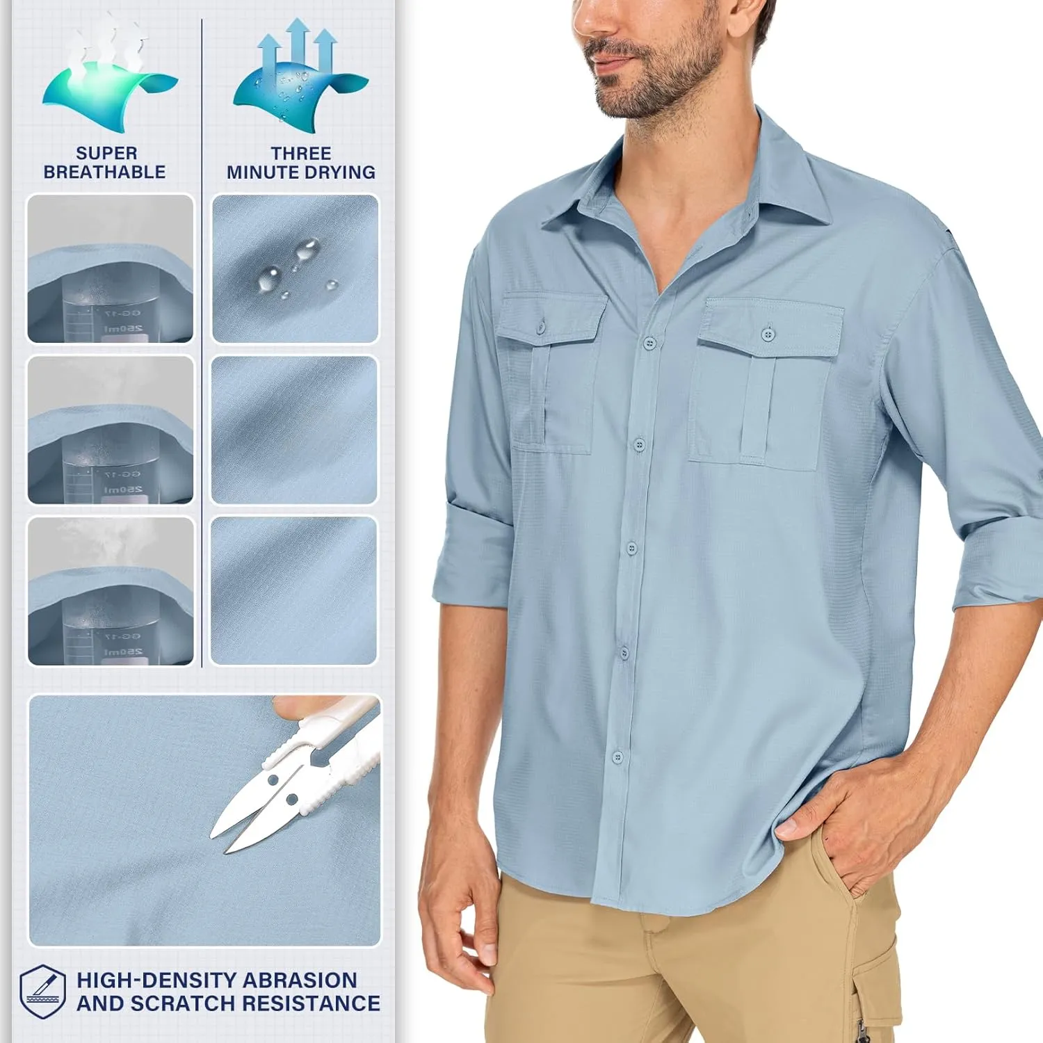 Men's Long Sleeve Sun Protection Fishing Shirt UPF 50  UV Quick Dry Cooling Shirts for Travel Safari Camping Outdoor Hiking