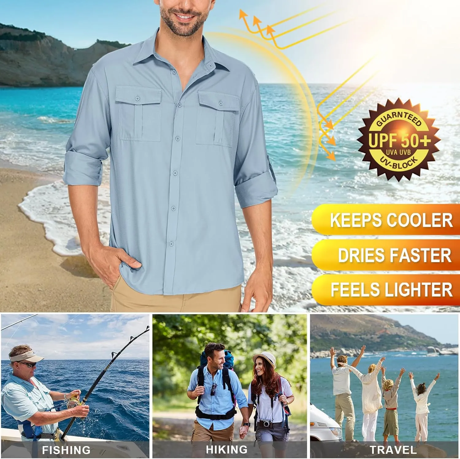 Men's Long Sleeve Sun Protection Fishing Shirt UPF 50  UV Quick Dry Cooling Shirts for Travel Safari Camping Outdoor Hiking