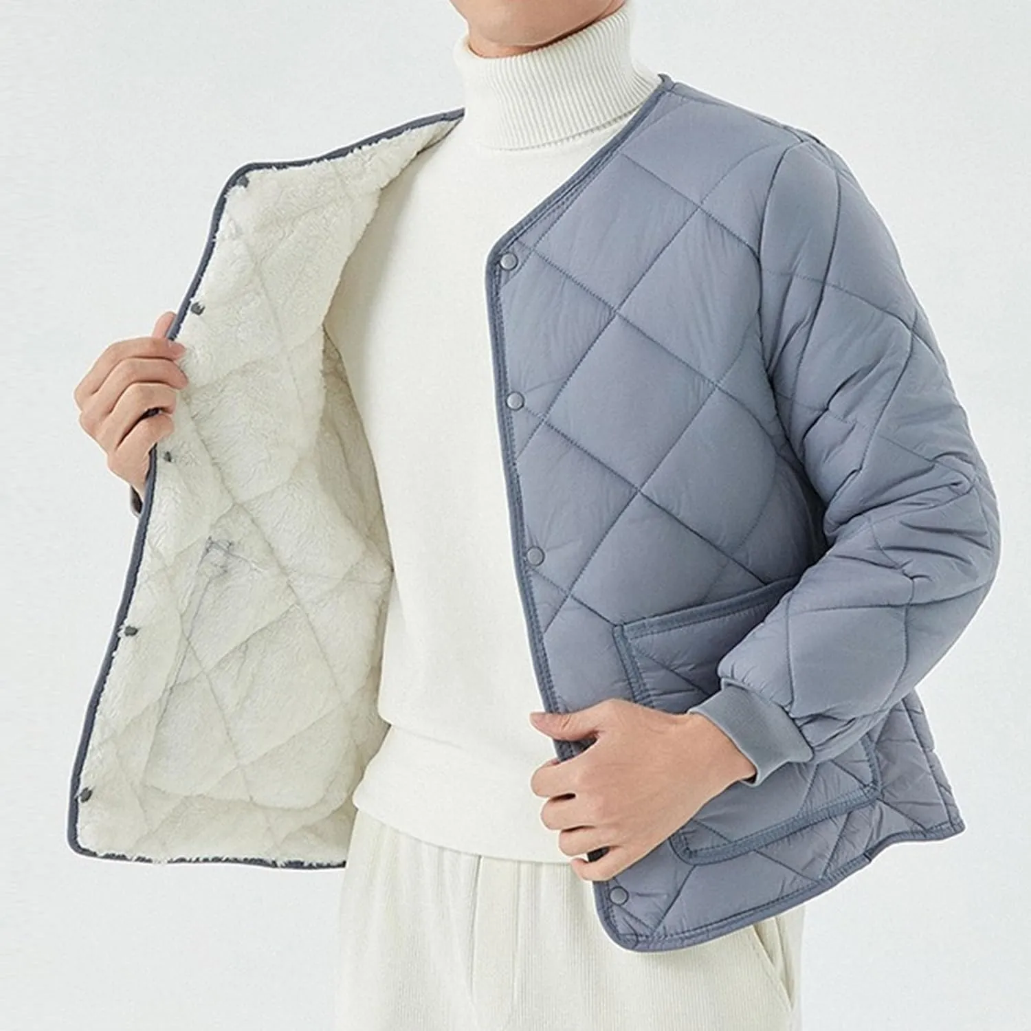 Mens Long-Sleeved Diamond Quilted Jacket Winter Warm Padded Coats Outwear Thicken Solid V Neck Cotton Coat