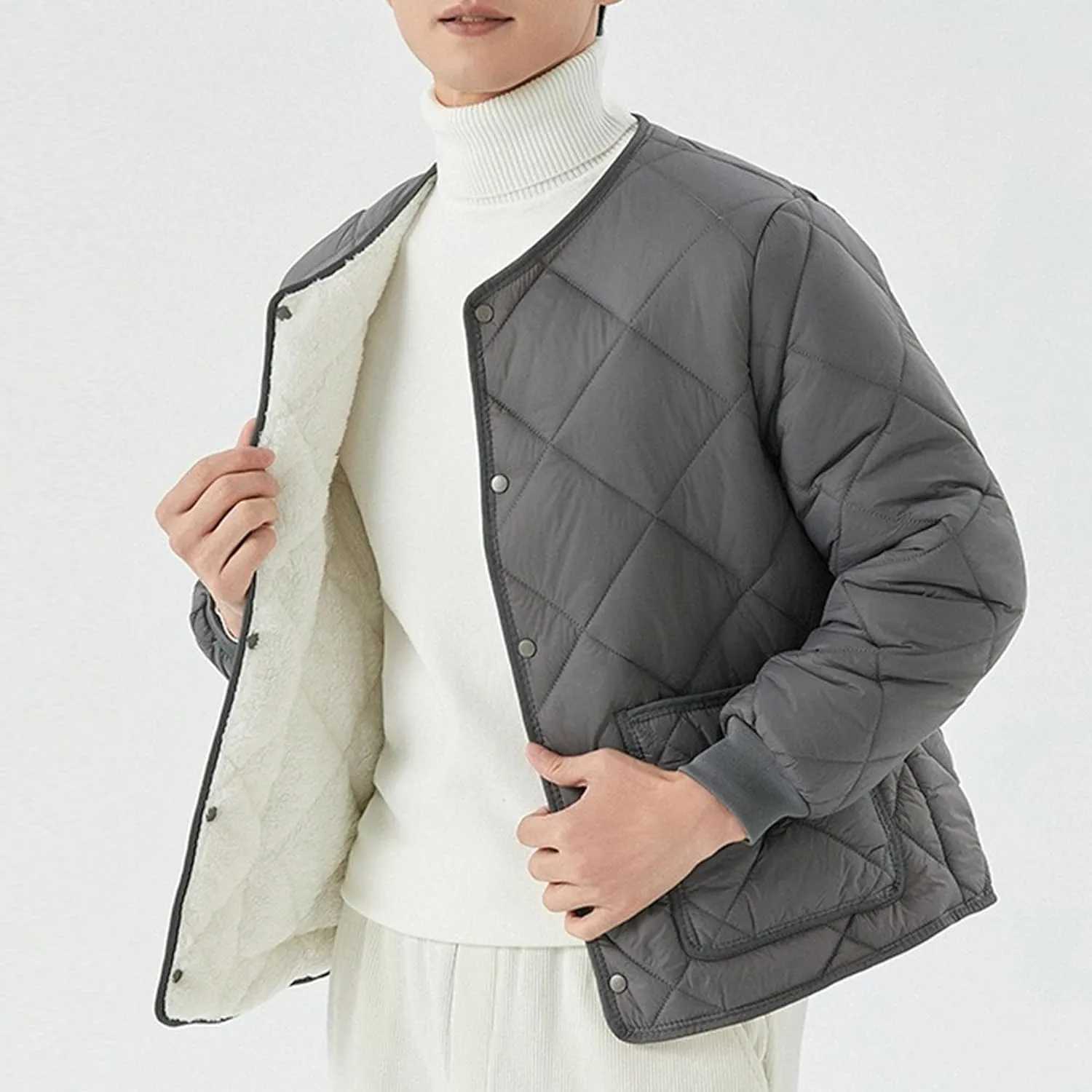 Mens Long-Sleeved Diamond Quilted Jacket Winter Warm Padded Coats Outwear Thicken Solid V Neck Cotton Coat