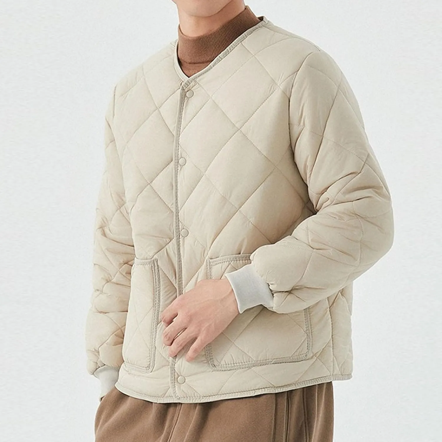 Mens Long-Sleeved Diamond Quilted Jacket Winter Warm Padded Coats Outwear Thicken Solid V Neck Cotton Coat