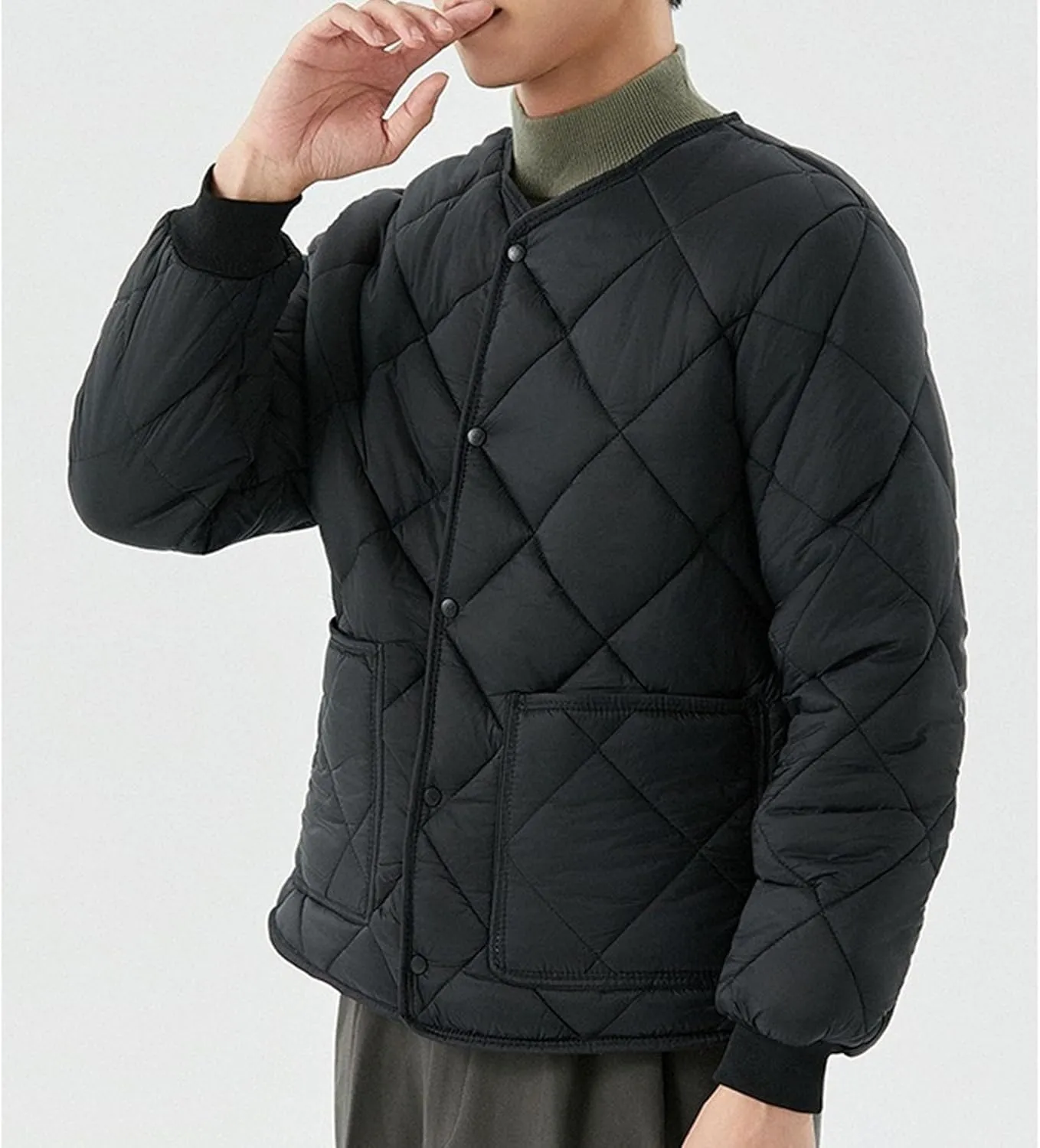 Mens Long-Sleeved Diamond Quilted Jacket Winter Warm Padded Coats Outwear Thicken Solid V Neck Cotton Coat