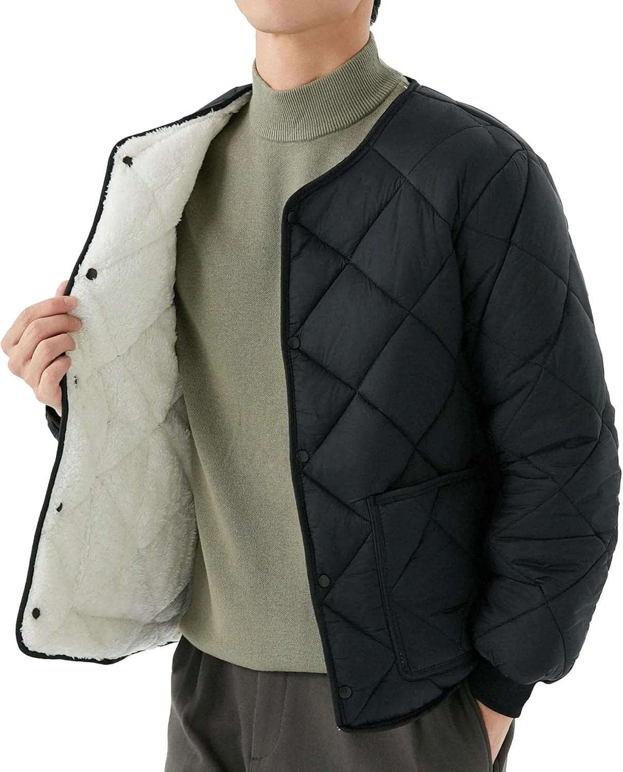 Mens Long-Sleeved Diamond Quilted Jacket Winter Warm Padded Coats Outwear Thicken Solid V Neck Cotton Coat