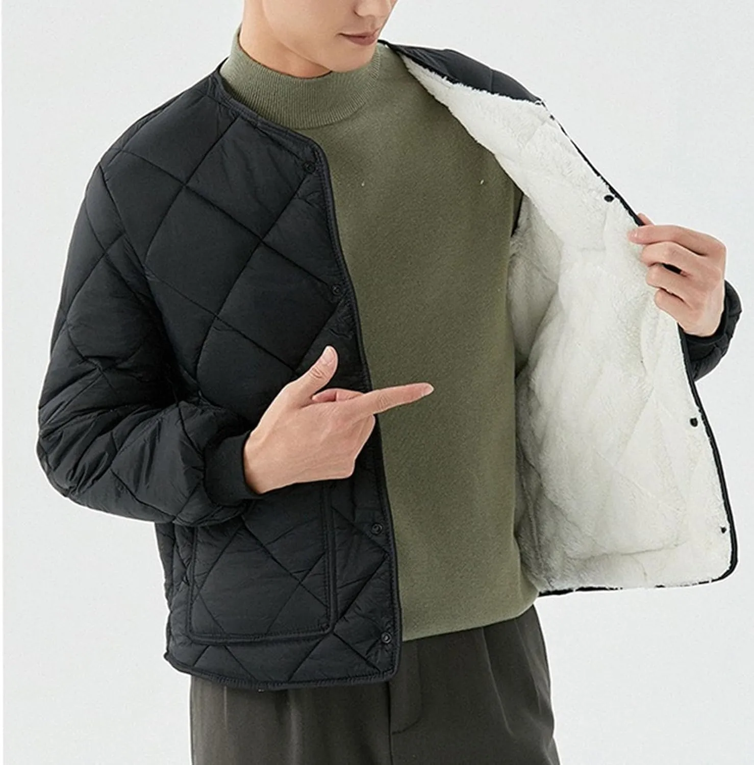 Mens Long-Sleeved Diamond Quilted Jacket Winter Warm Padded Coats Outwear Thicken Solid V Neck Cotton Coat