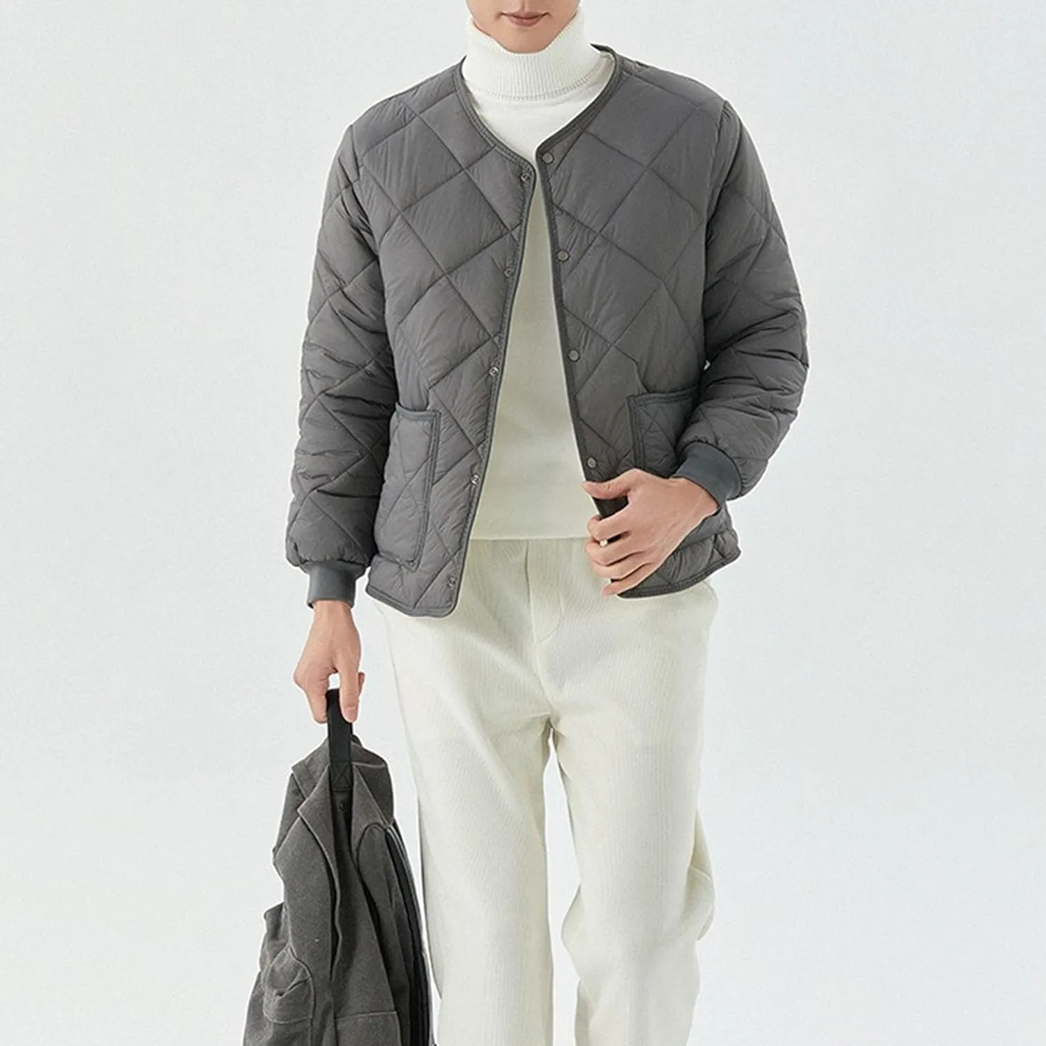 Mens Long-Sleeved Diamond Quilted Jacket Winter Warm Padded Coats Outwear Thicken Solid V Neck Cotton Coat