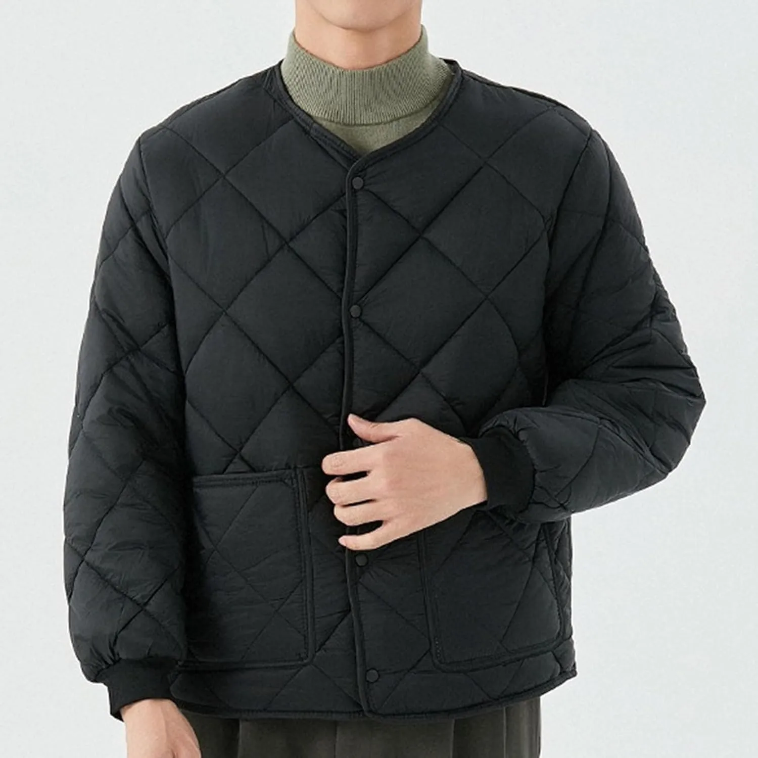 Mens Long-Sleeved Diamond Quilted Jacket Winter Warm Padded Coats Outwear Thicken Solid V Neck Cotton Coat