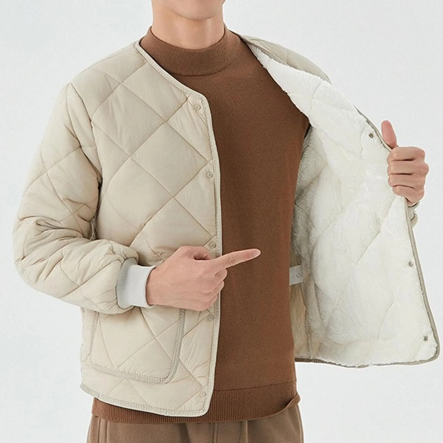 Mens Long-Sleeved Diamond Quilted Jacket Winter Warm Padded Coats Outwear Thicken Solid V Neck Cotton Coat