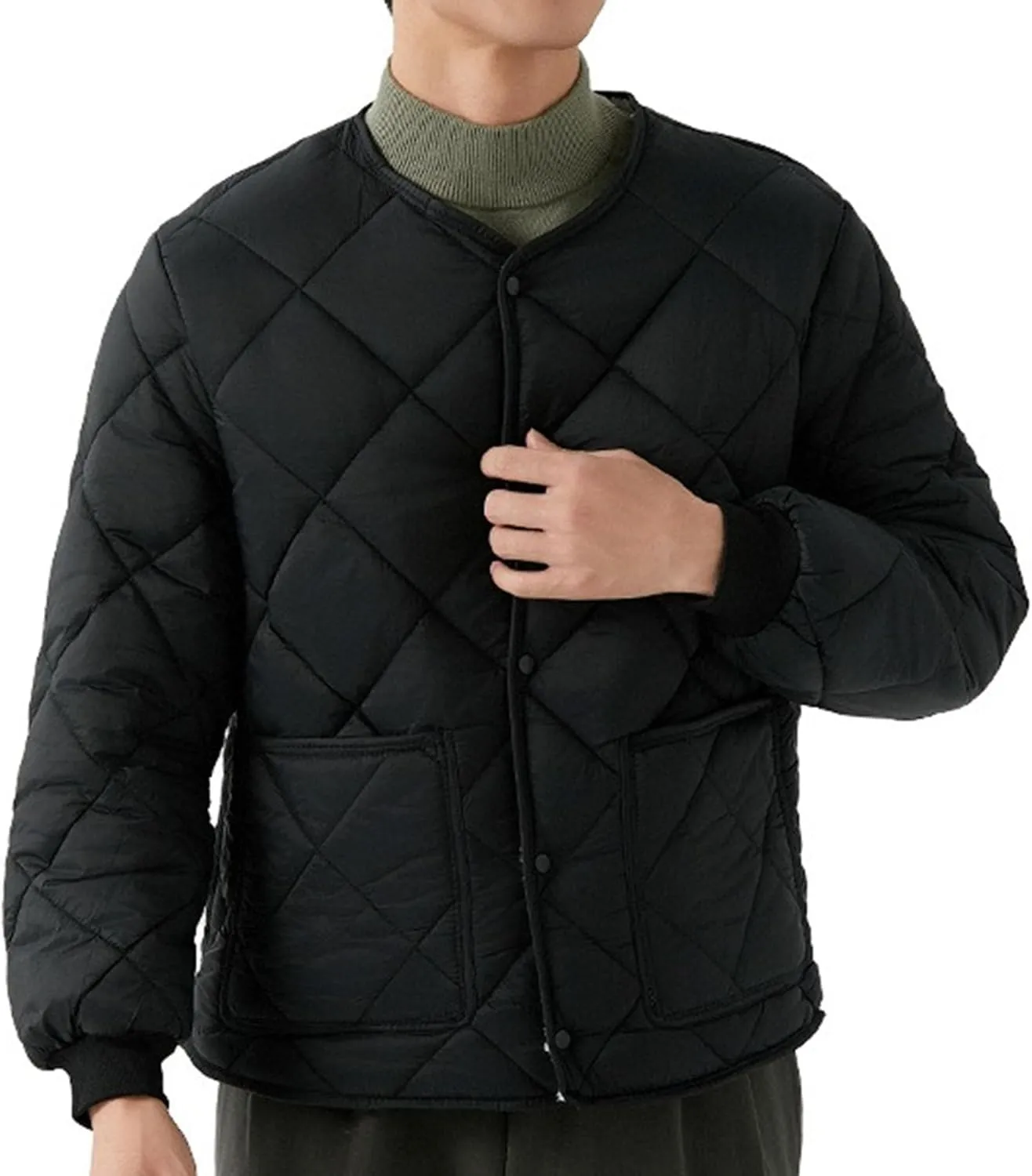 Mens Long-Sleeved Diamond Quilted Jacket Winter Warm Padded Coats Outwear Thicken Solid V Neck Cotton Coat