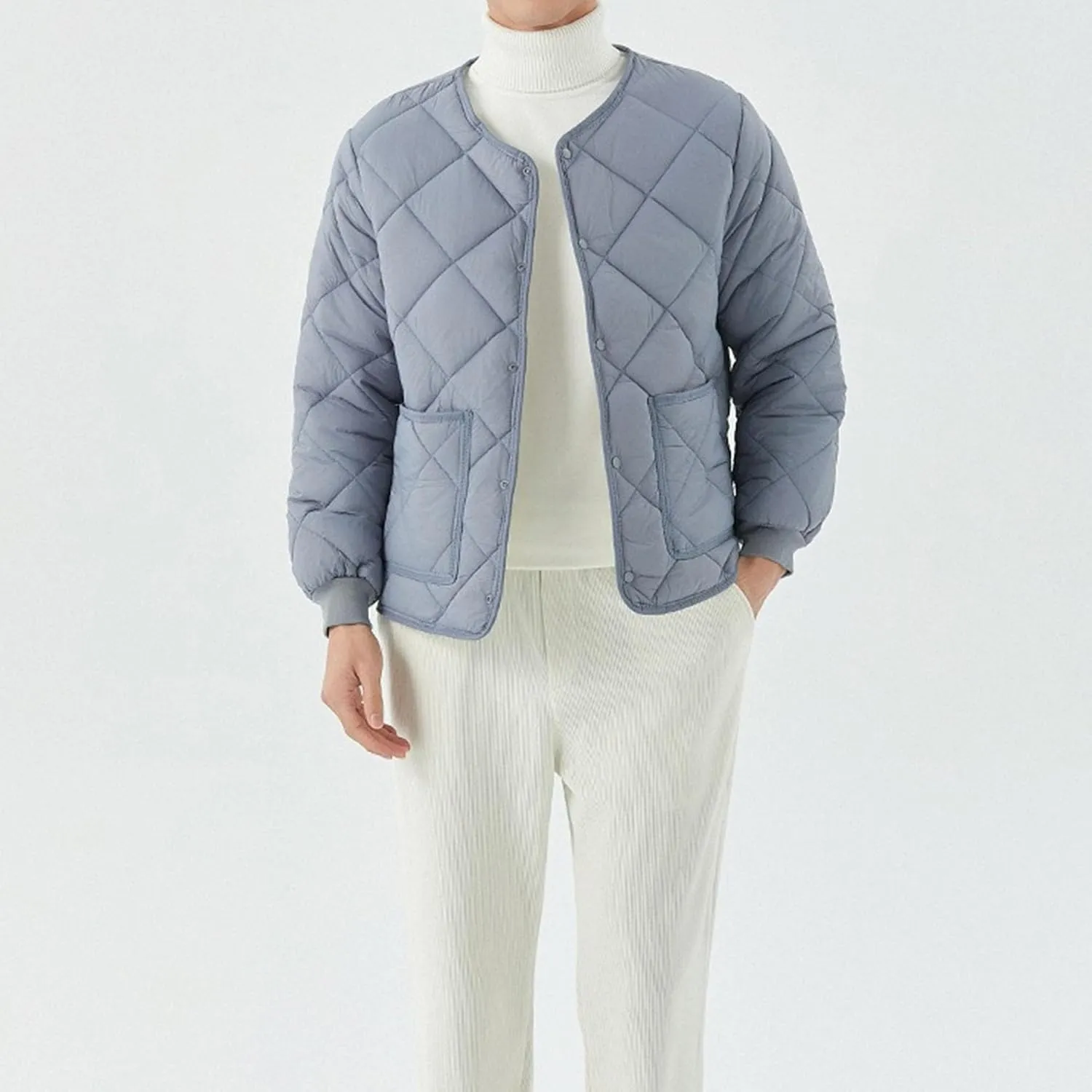 Mens Long-Sleeved Diamond Quilted Jacket Winter Warm Padded Coats Outwear Thicken Solid V Neck Cotton Coat