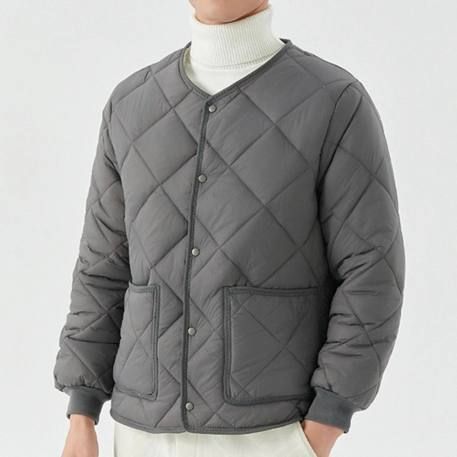 Mens Long-Sleeved Diamond Quilted Jacket Winter Warm Padded Coats Outwear Thicken Solid V Neck Cotton Coat