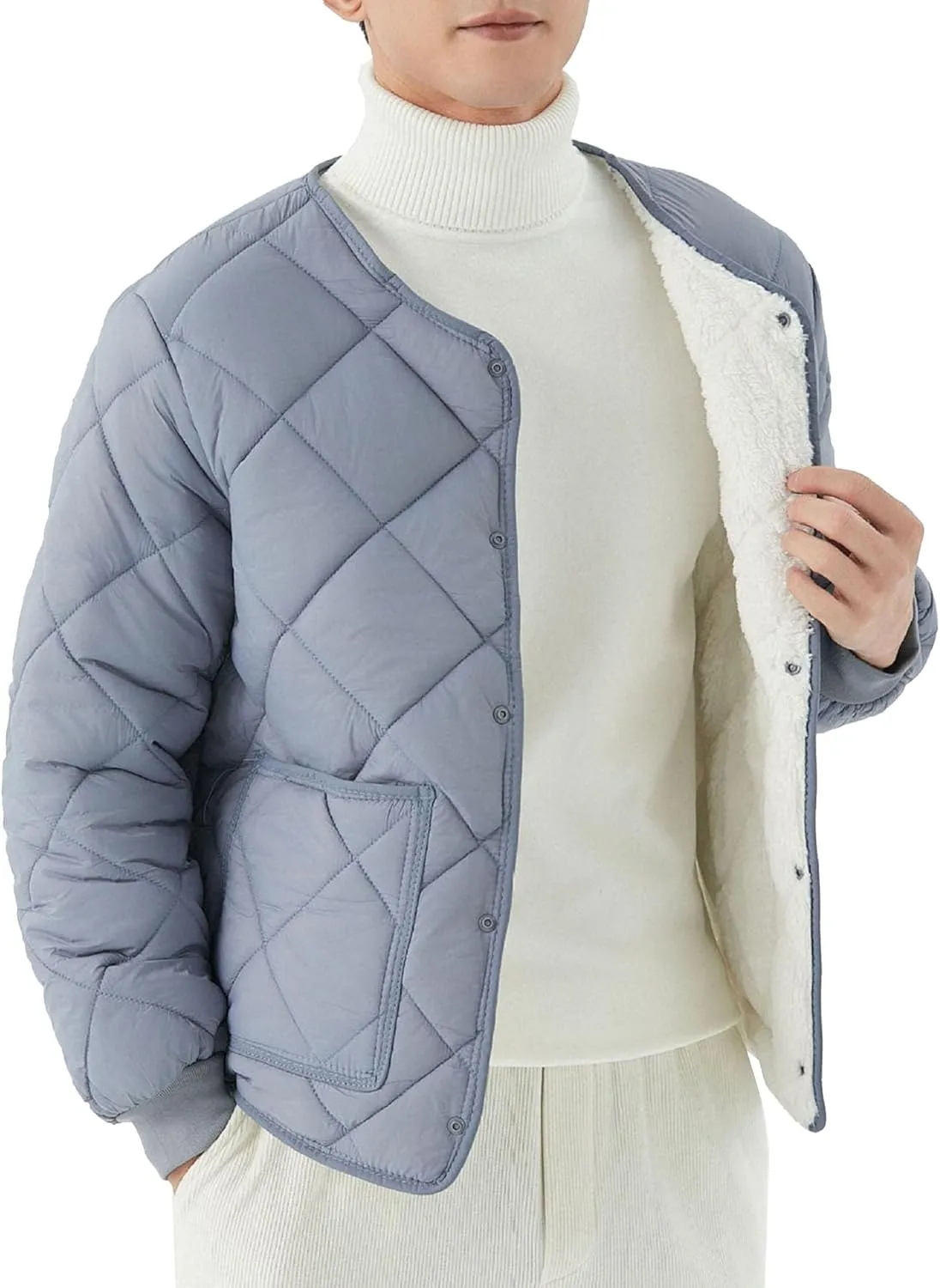 Mens Long-Sleeved Diamond Quilted Jacket Winter Warm Padded Coats Outwear Thicken Solid V Neck Cotton Coat