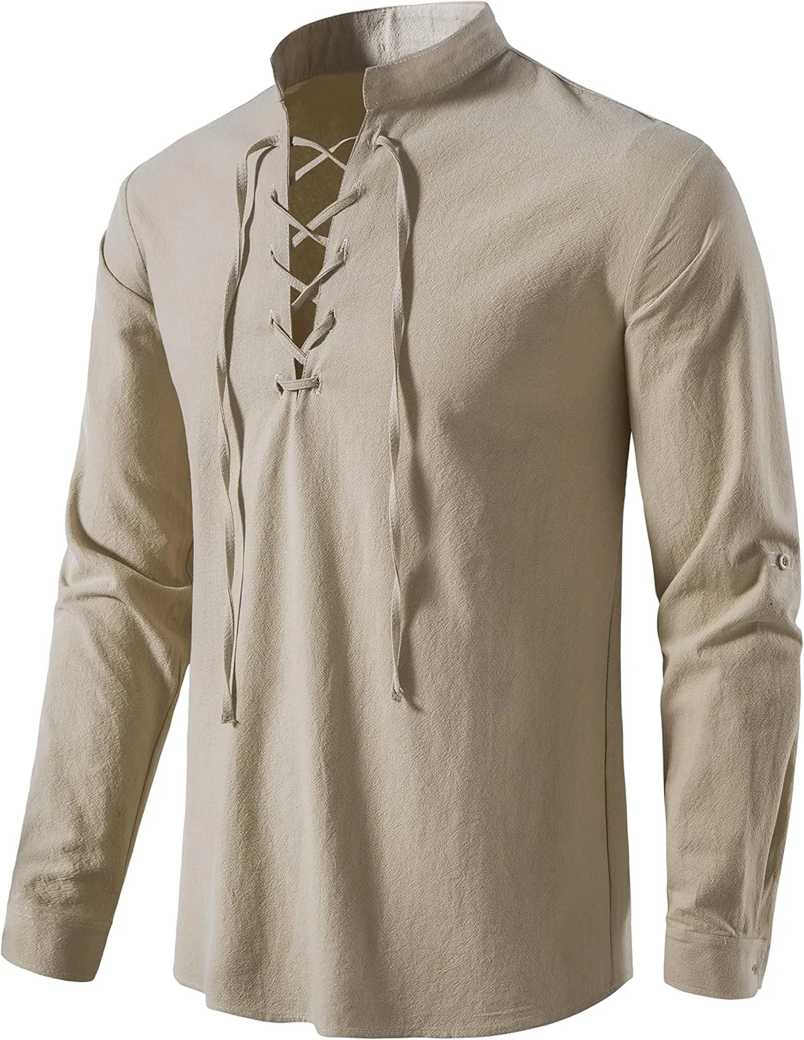 Men's Medieval Renaissance Viking Pirate Costume Long Sleeve Linen Shirt V Neck Lace Up Stand Collar Retro T-Shirt