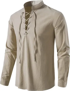 Men's Medieval Renaissance Viking Pirate Costume Long Sleeve Linen Shirt V Neck Lace Up Stand Collar Retro T-Shirt