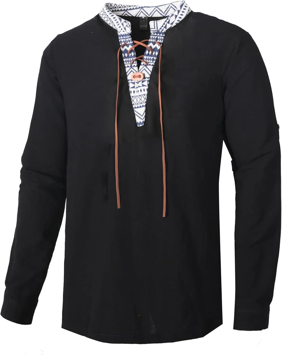 Men's Medieval Renaissance Viking Pirate Costume Long Sleeve Linen Shirt V Neck Lace Up Stand Collar Retro T-Shirt