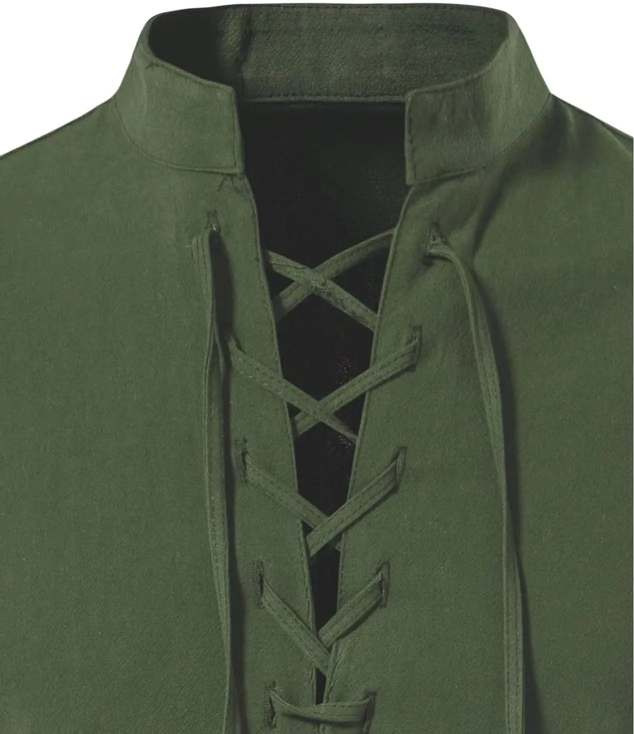 Men's Medieval Renaissance Viking Pirate Costume Long Sleeve Linen Shirt V Neck Lace Up Stand Collar Retro T-Shirt