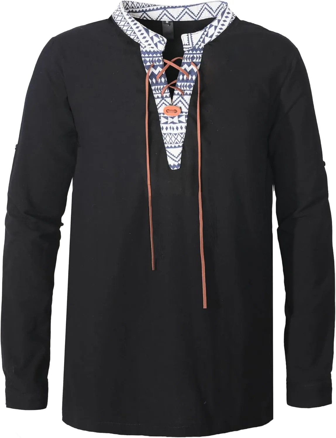 Men's Medieval Renaissance Viking Pirate Costume Long Sleeve Linen Shirt V Neck Lace Up Stand Collar Retro T-Shirt