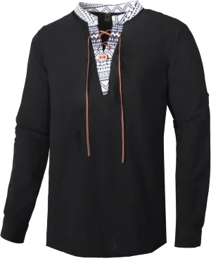 Men's Medieval Renaissance Viking Pirate Costume Long Sleeve Linen Shirt V Neck Lace Up Stand Collar Retro T-Shirt