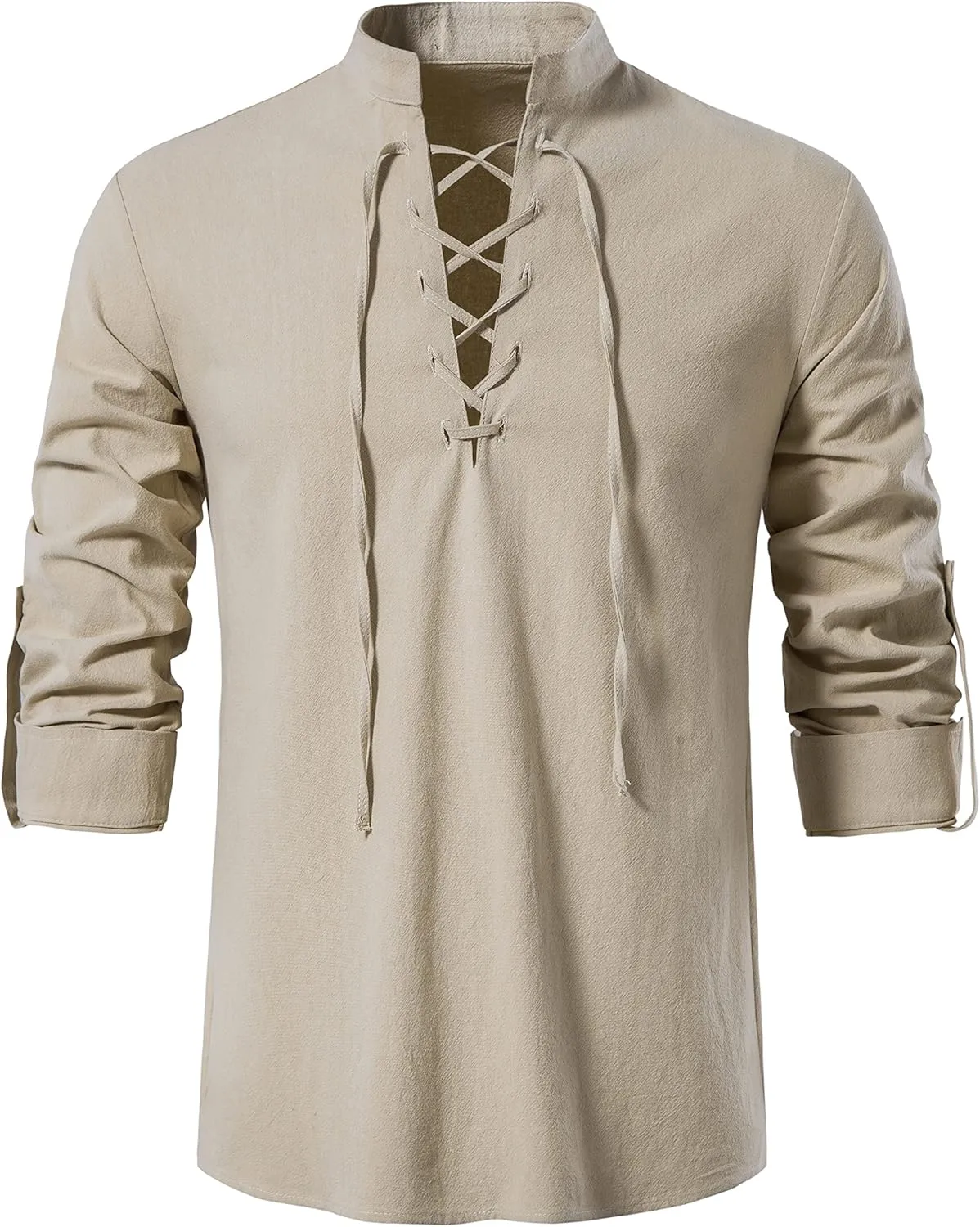 Men's Medieval Renaissance Viking Pirate Costume Long Sleeve Linen Shirt V Neck Lace Up Stand Collar Retro T-Shirt