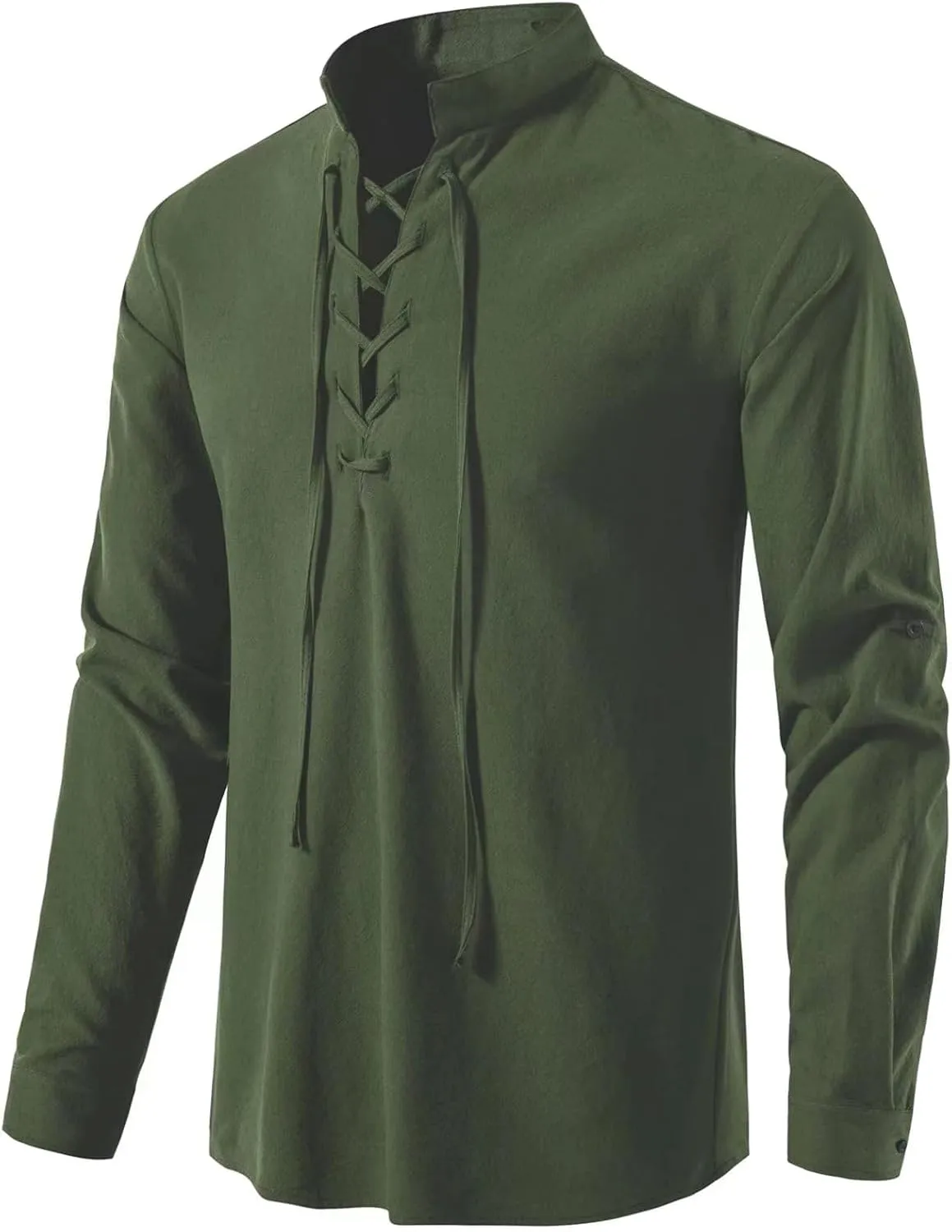 Men's Medieval Renaissance Viking Pirate Costume Long Sleeve Linen Shirt V Neck Lace Up Stand Collar Retro T-Shirt