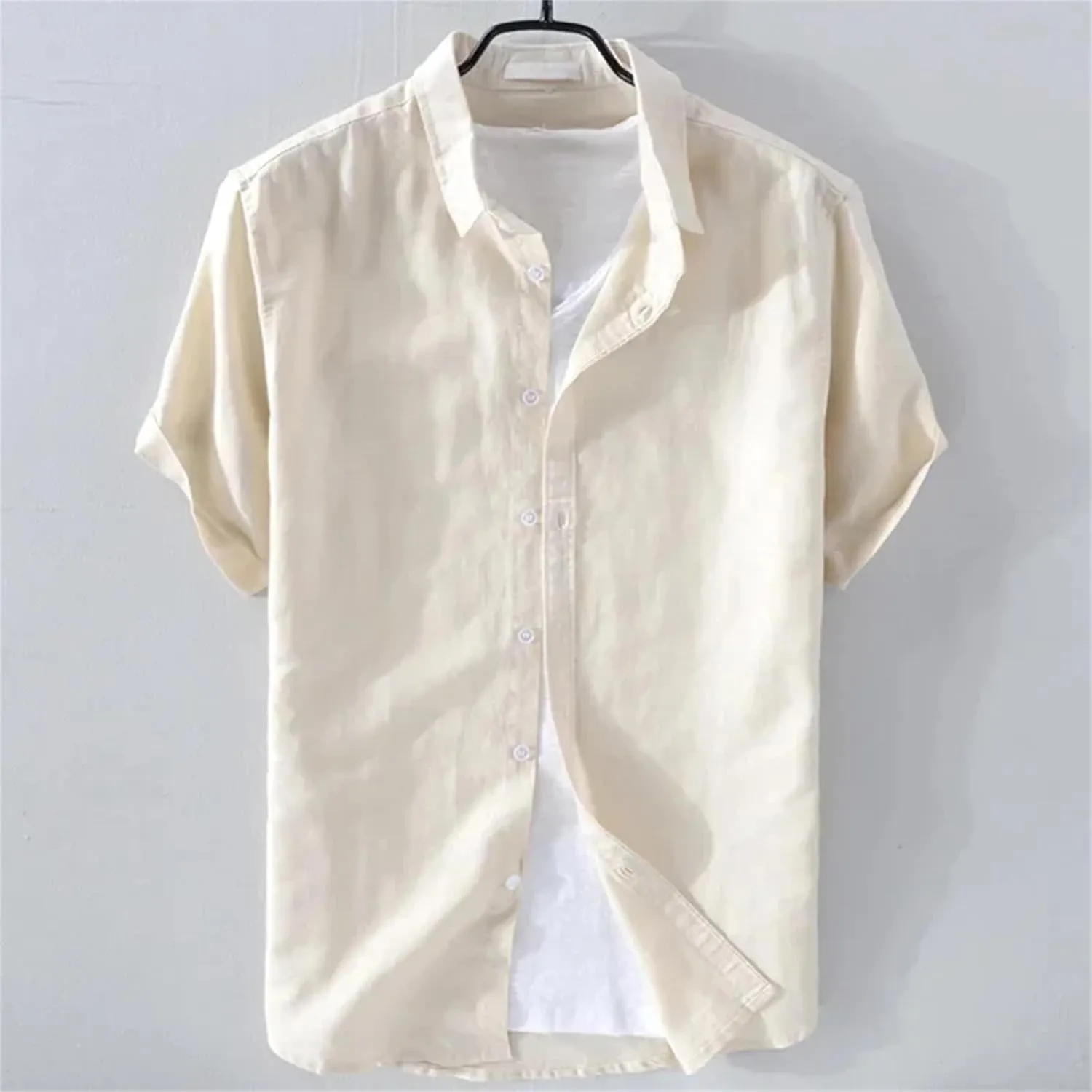 Men's Pure Linen Short Sleeve Shirt for Men Casual Half Sleeve Cotton Linen Fabric White Color Wear Beach Shirt